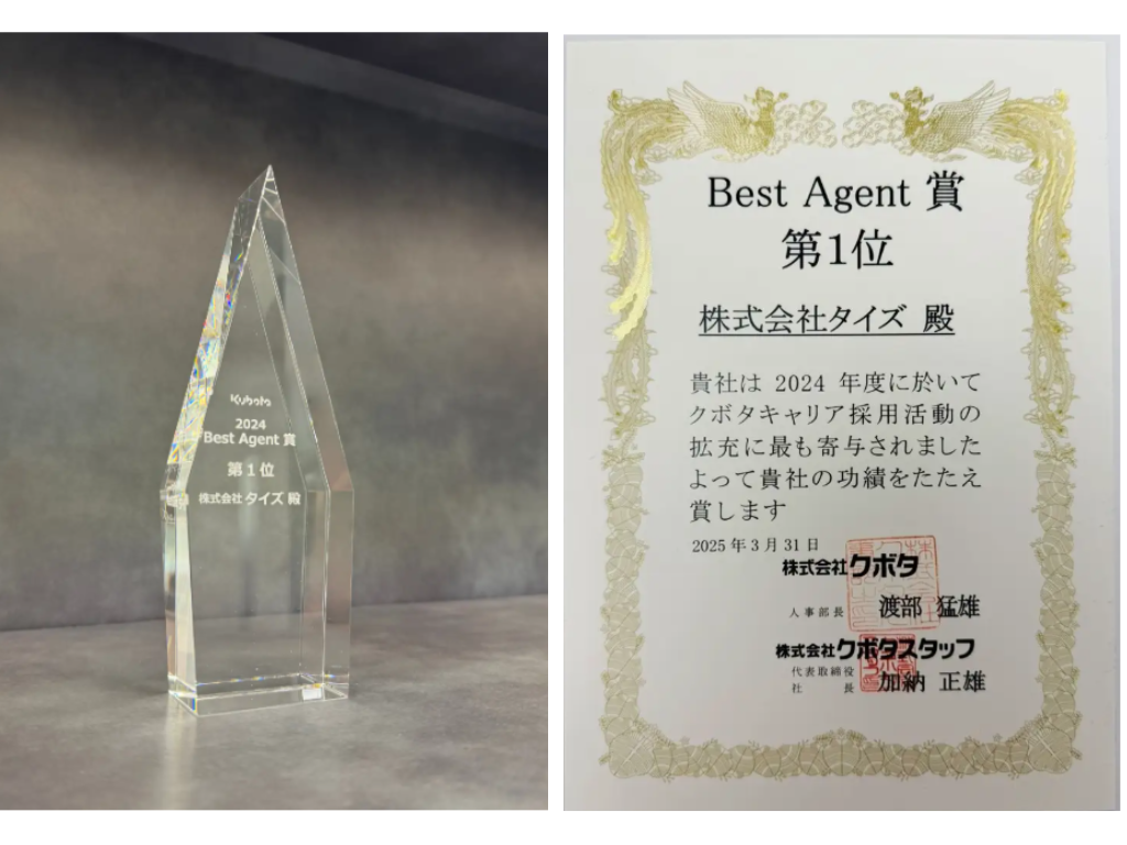株式会社クボタの2024年度Best Agent賞第1位 トロフィー、賞状